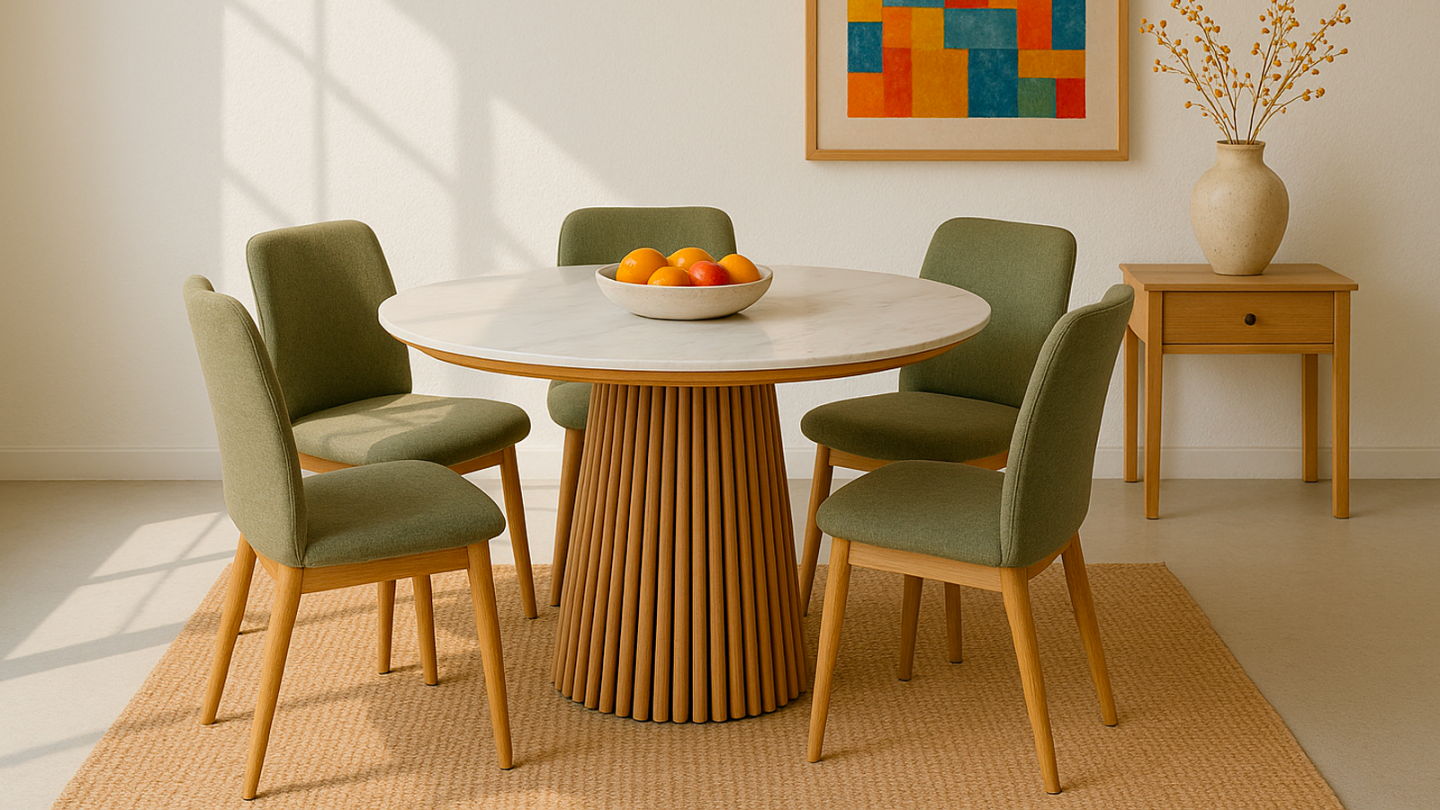 Table à manger ronde extensible plateau en céramique effet marbre et piètement bois clair 4 à 8 pers. 120/200 cm - Ada