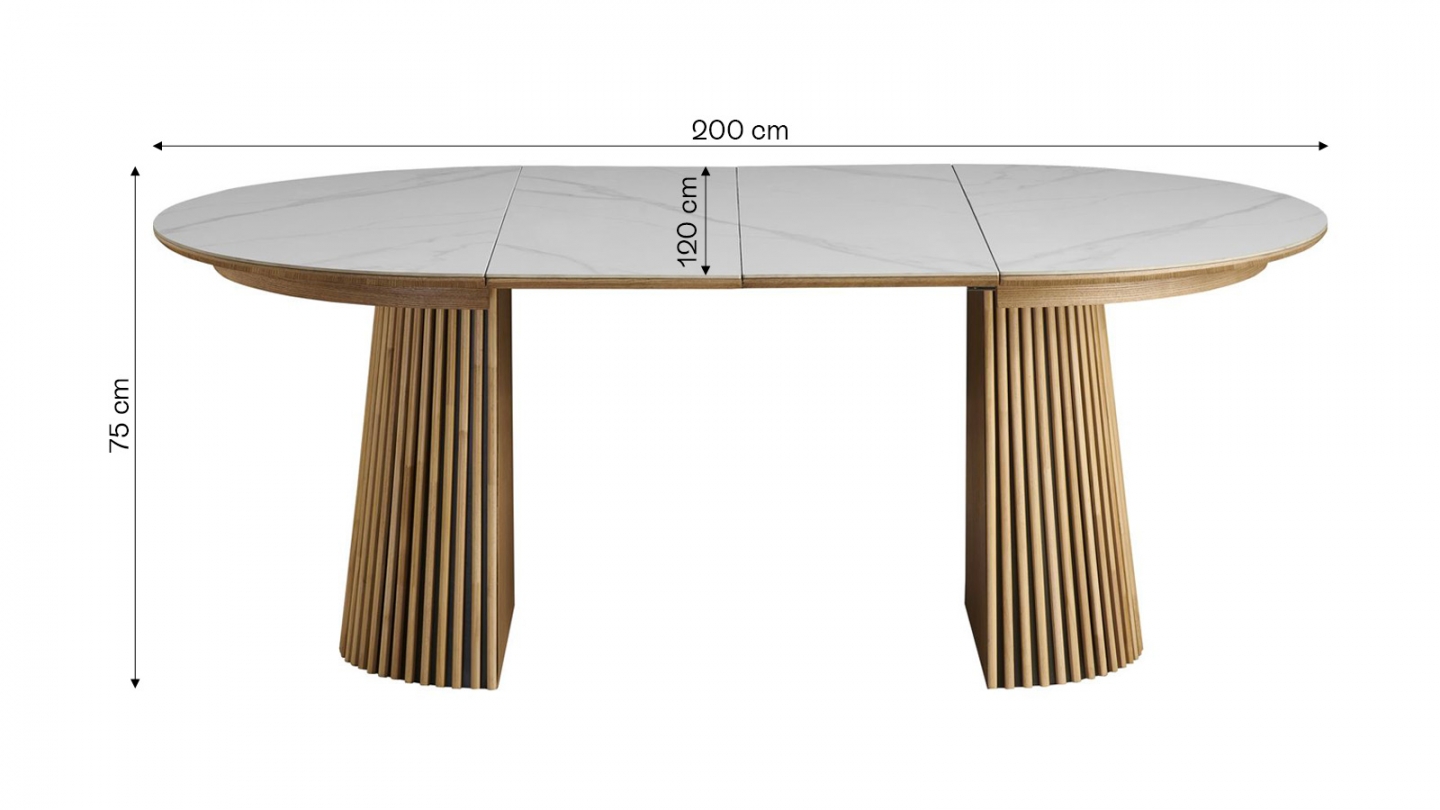 Table à manger ronde extensible plateau en céramique effet marbre et piètement bois clair 4 à 8 pers. 120/200 cm - Ada
