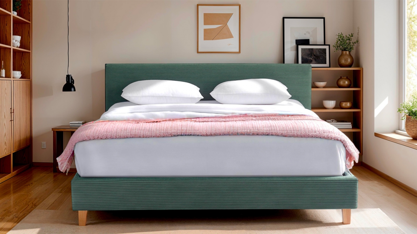 Lit adulte 180x200 cm avec tête de lit capitonnée en velours côtelé vert kaki - Milo