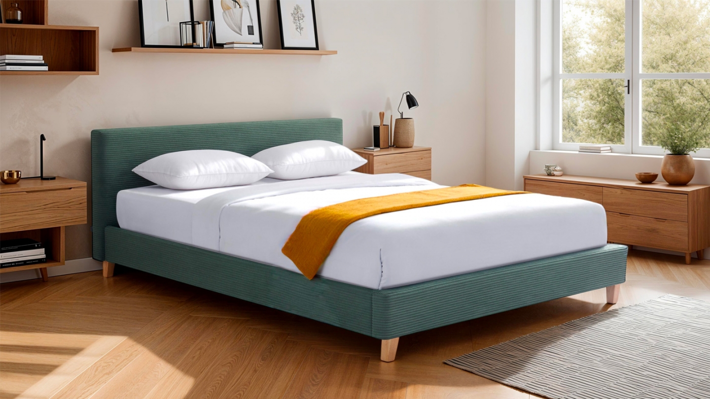 Lit adulte 140x190 cm avec tête de lit capitonnée en velours côtelé vert kaki - Milo