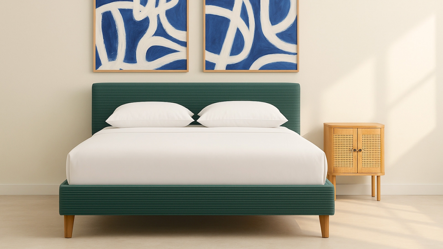 Lit adulte 140x190 cm avec tête de lit capitonnée en velours côtelé vert kaki - Milo