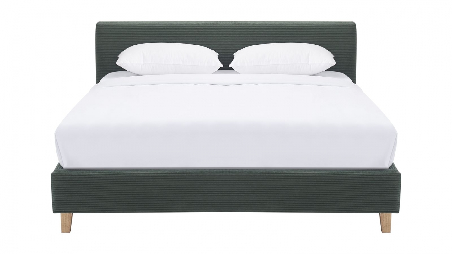 Lit adulte 140x190 cm avec tête de lit capitonnée en velours côtelé vert kaki - Milo