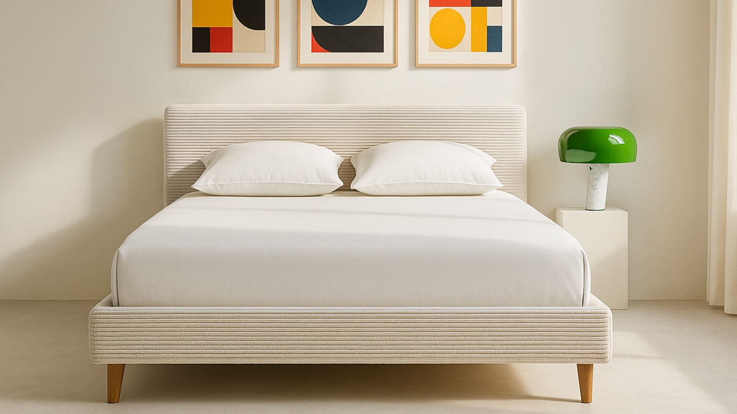 Lit adulte 160x200 cm avec tête de lit capitonnée en velours côtelé beige - Milo