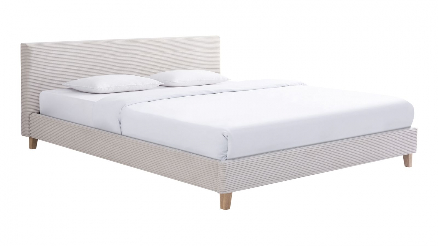 Lit adulte 160x200 cm avec tête de lit capitonnée en velours côtelé beige - Milo