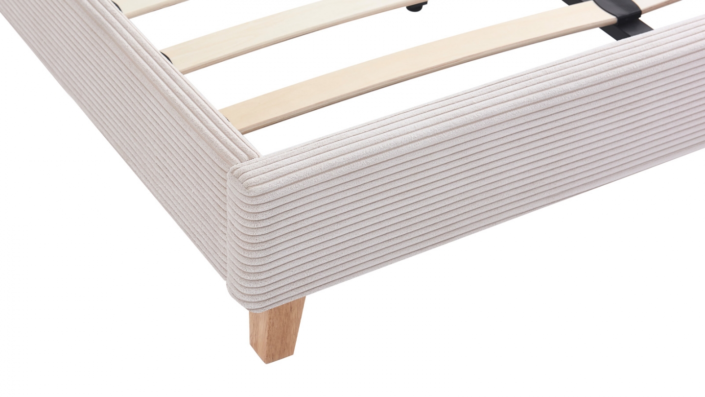 Lit adulte 160x200 cm avec tête de lit capitonnée en velours côtelé beige - Milo