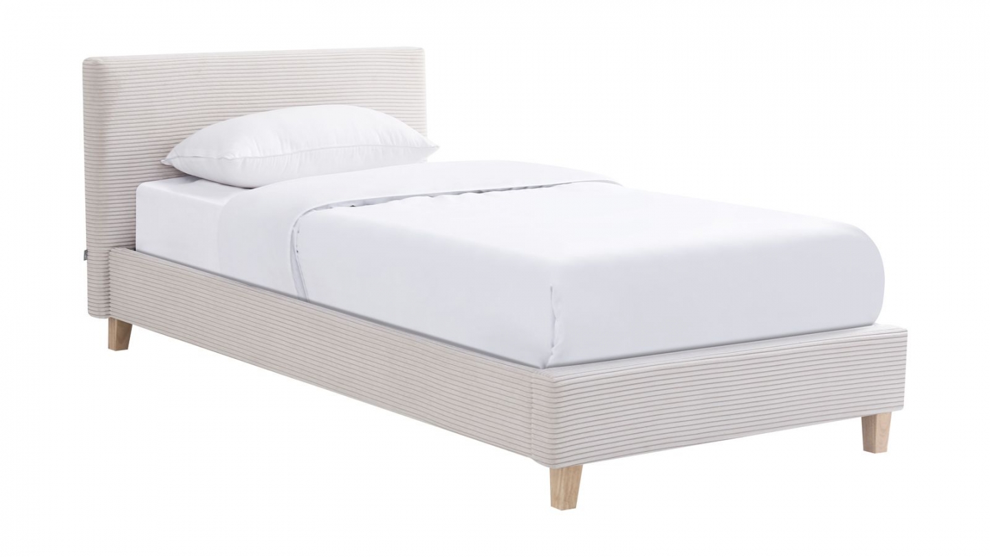 Lit adulte 90x190 cm avec tête de lit capitonnée en velours côtelé beige - Milo