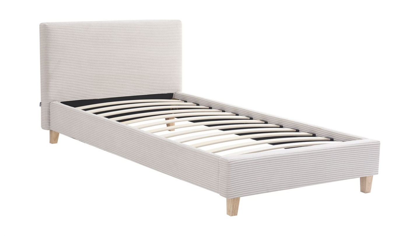 Lit adulte 90x190 cm avec tête de lit capitonnée en velours côtelé beige - Milo