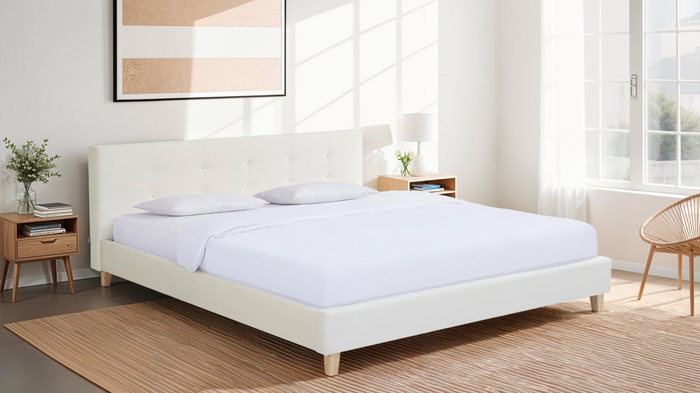 Lit adulte 140x190 cm avec tête de lit capitonnée en velours beige - Milo