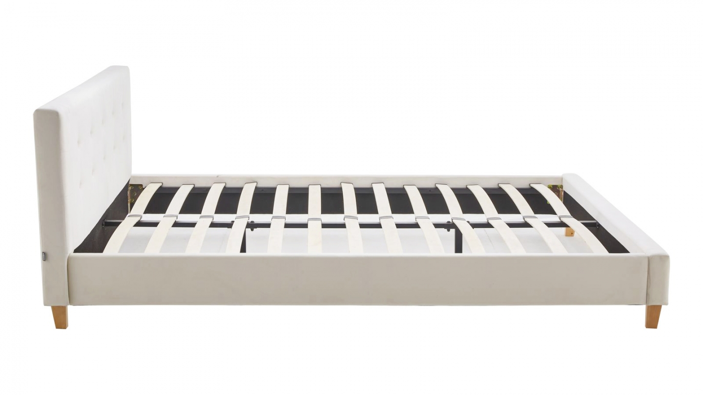 Lit adulte 140x190 cm avec tête de lit capitonnée en velours beige - Milo