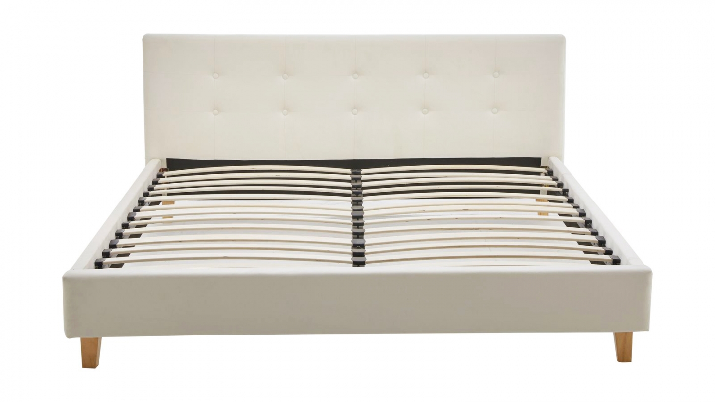 Lit adulte 160x200 cm avec tête de lit capitonnée en velours beige - Milo