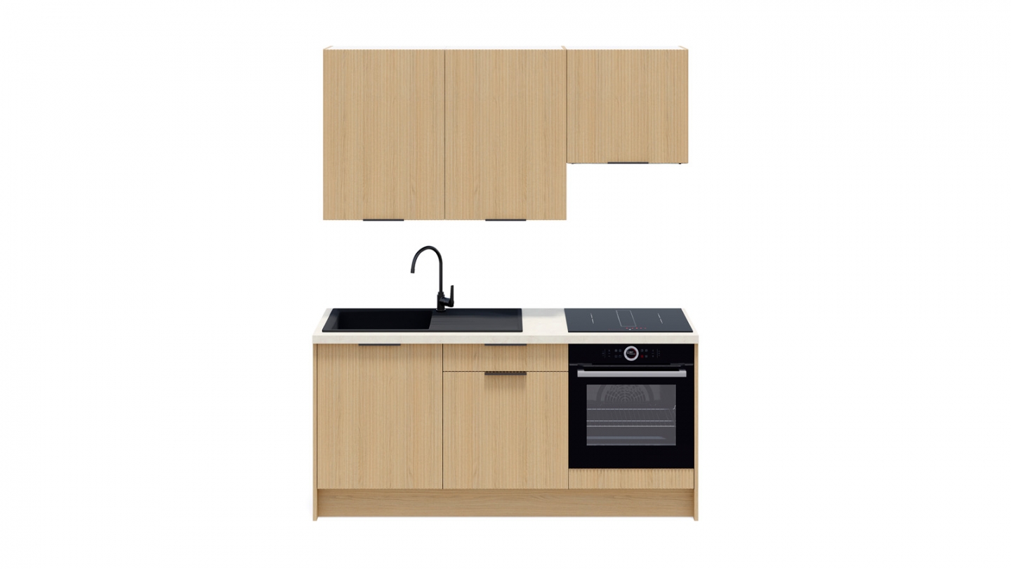 Ensemble de 6 meubles de cuisine - L. 185 cm - chêne clair cannelé - Cannele