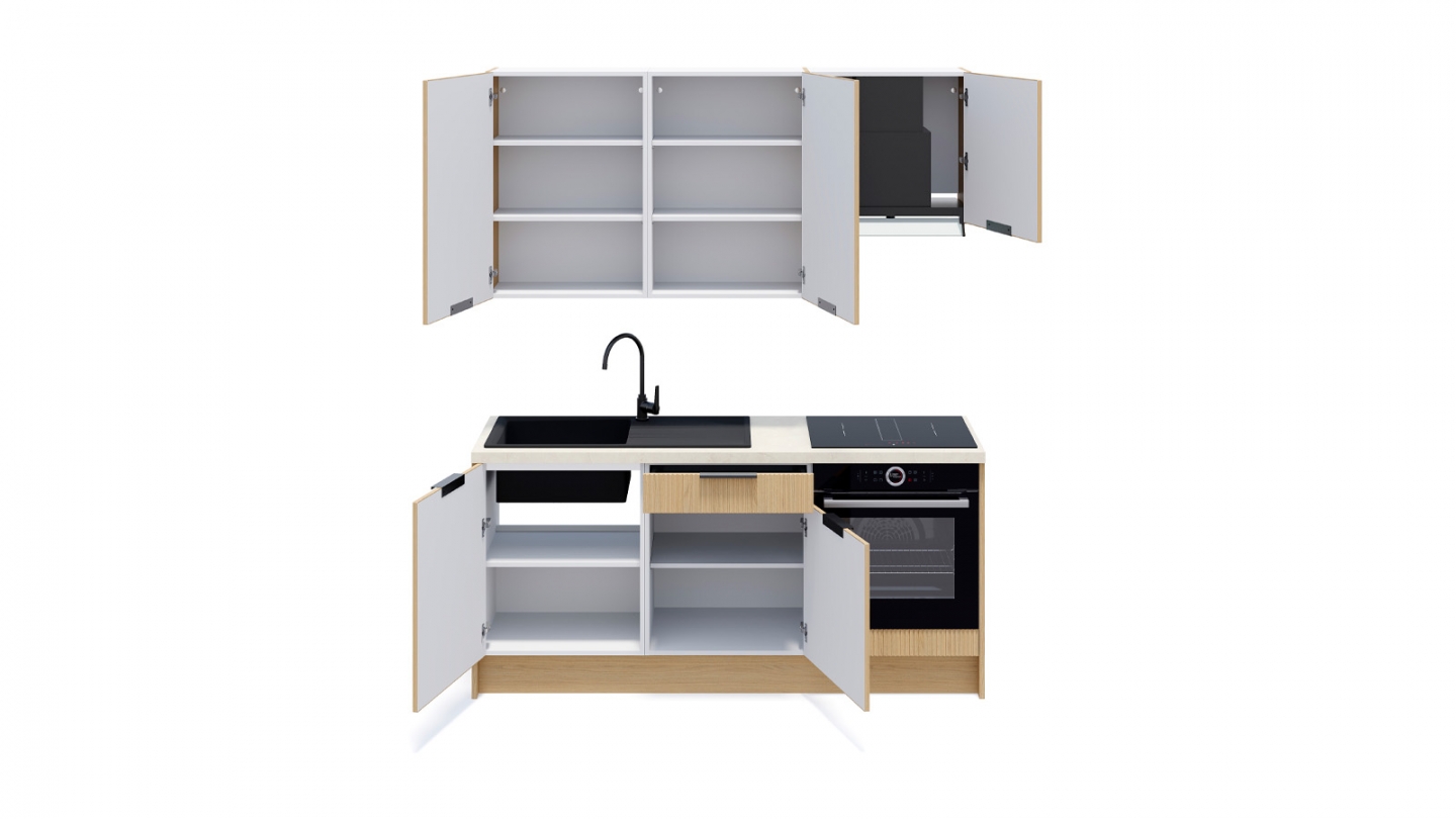 Ensemble de 6 meubles de cuisine - L. 185 cm - chêne clair cannelé - Cannele