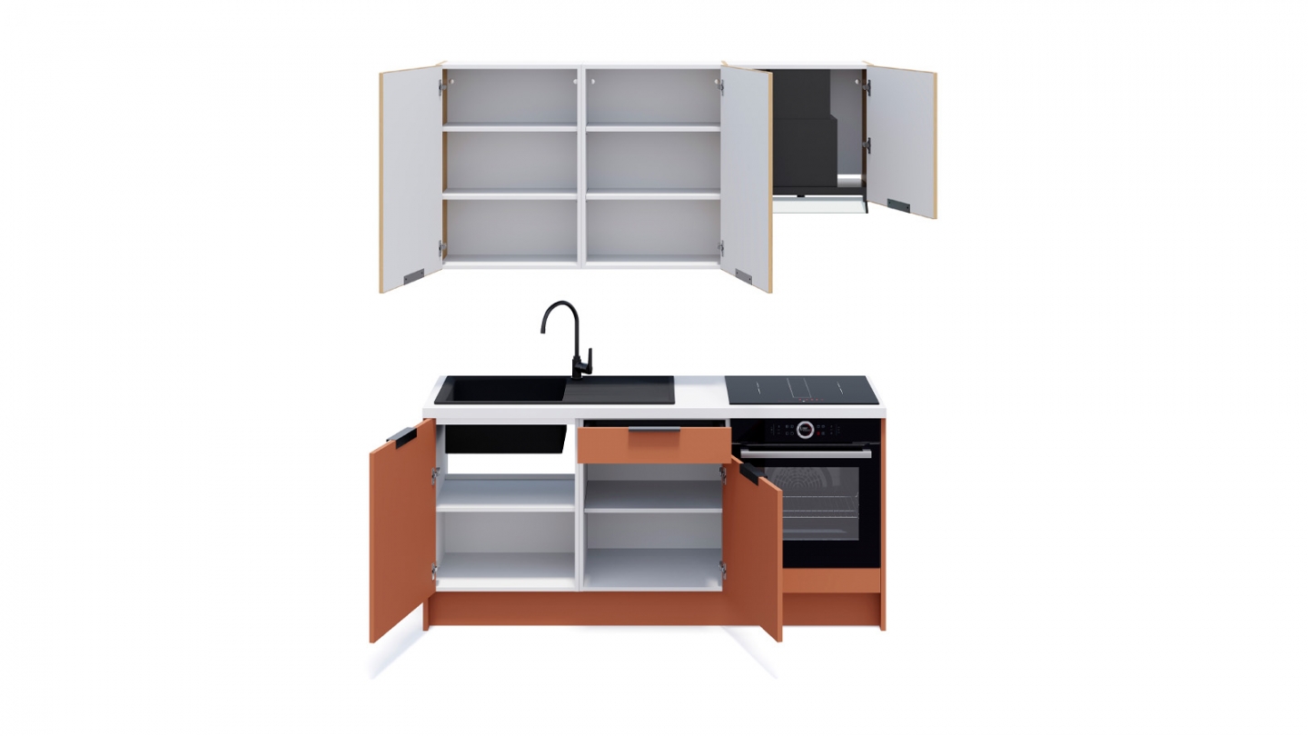 Ensemble de 6 meubles de cuisine - L. 185 cm - terracotta et chêne clair cannelé - Luzia Signature