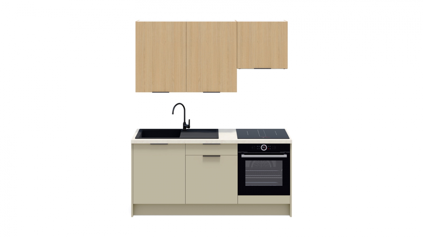 Ensemble de 6 meubles de cuisine - L. 185 cm - vert sauge et chêne clair cannelé - Luzia Signature