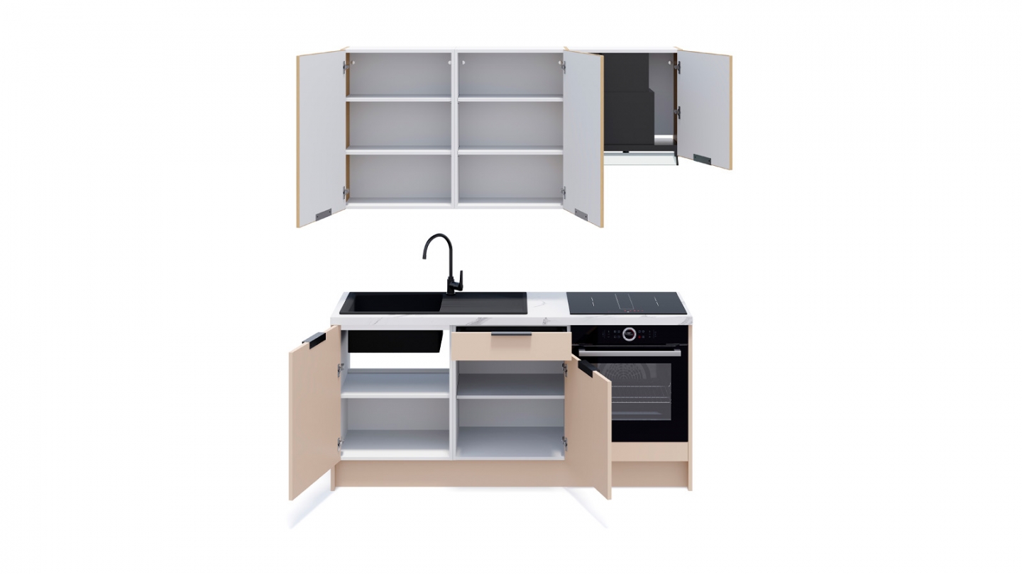 Ensemble de 6 meubles de cuisine - L. 185 cm - beige cachemire et chêne clair cannelé - Luzia Signature