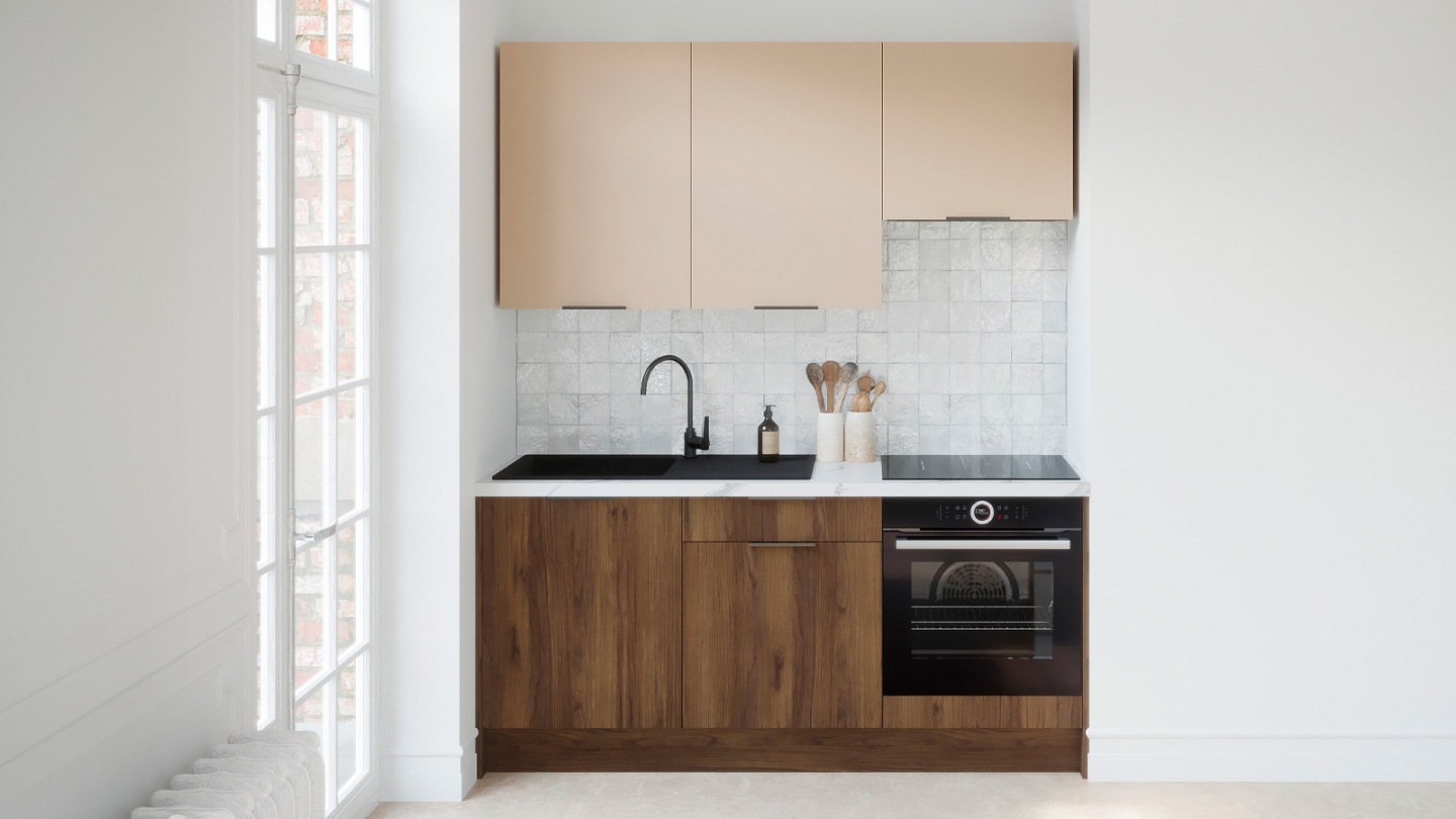 Ensemble de 6 meubles de cuisine - L. 185 cm - noyer brun et cachemire - Sierra Signature