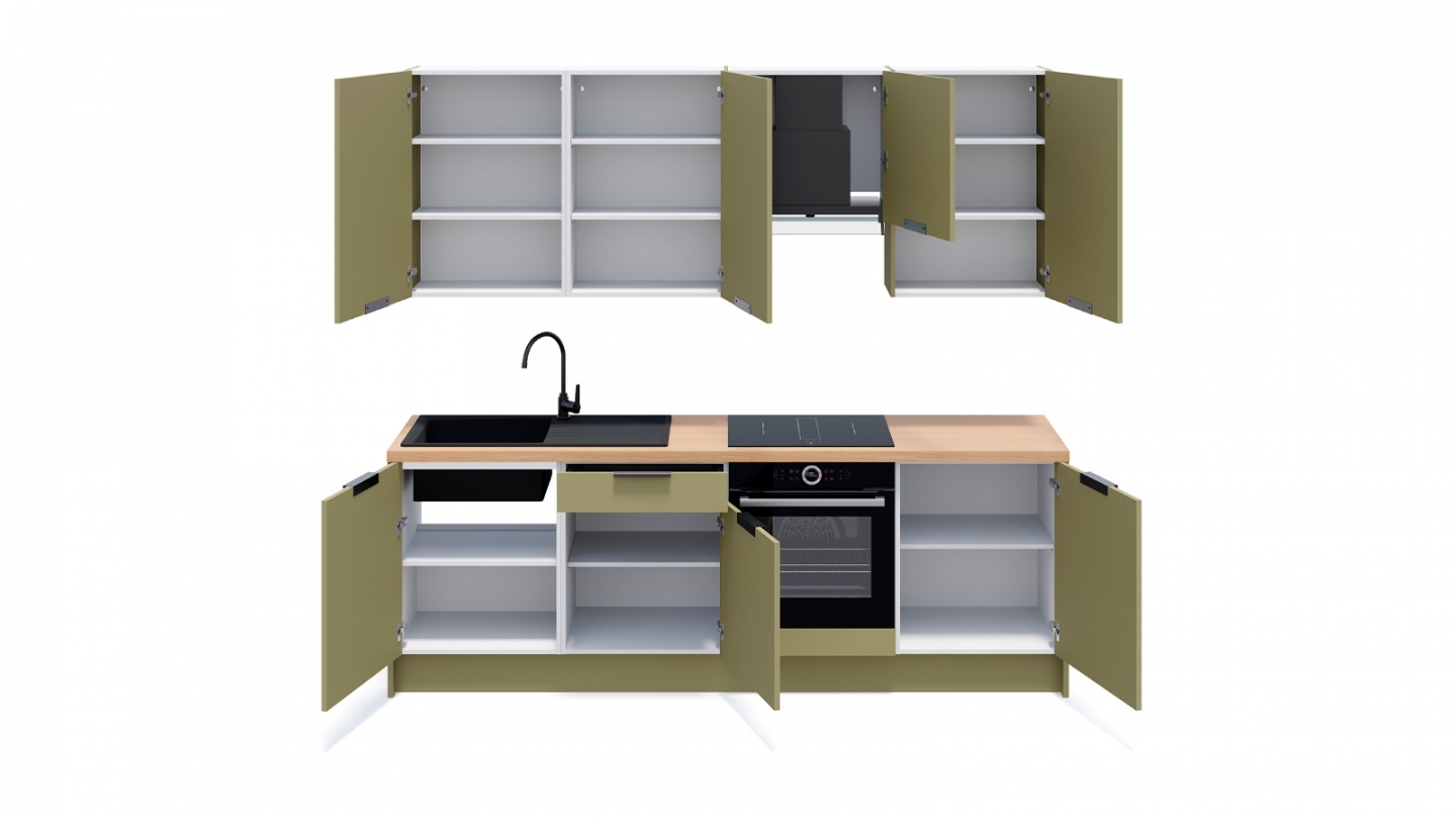 Ensemble de 8 meubles de cuisine - L. 245 cm - vert olive - Luzia