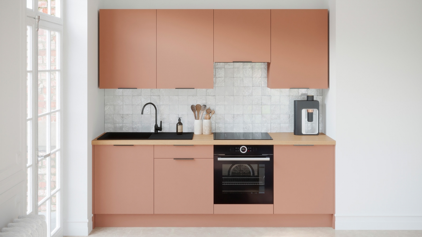 Ensemble de 8 meubles de cuisine - L. 245 cm - abricot - Luzia