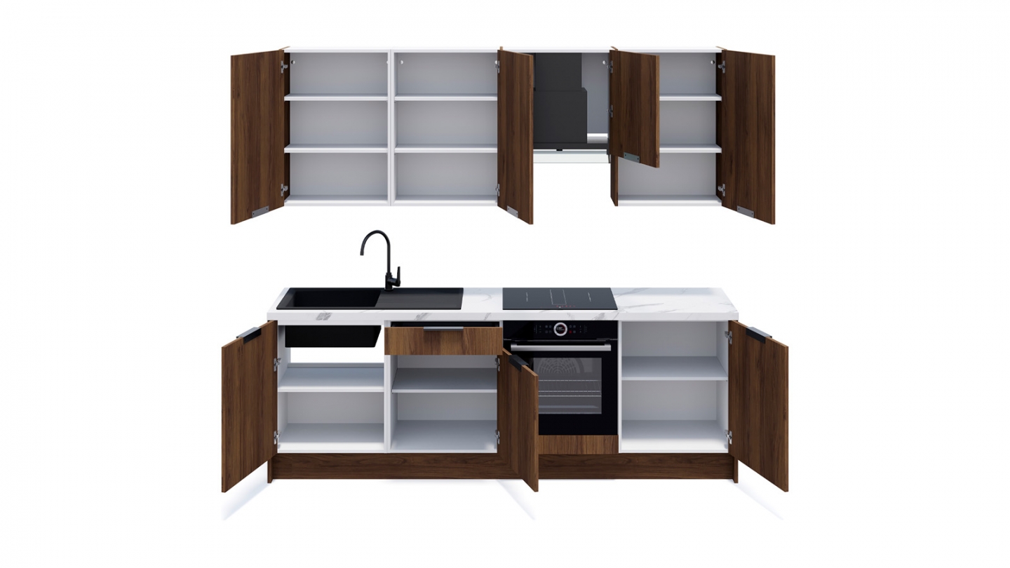 Ensemble de 8 meubles de cuisine - L. 245 cm - noyer brun - Sierra