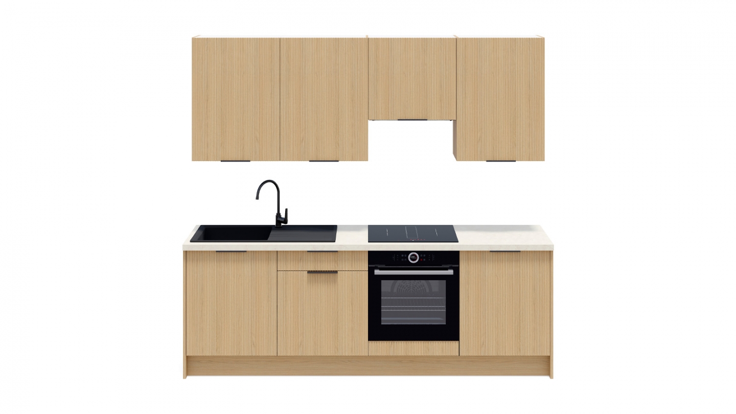 Ensemble de 8 meubles de cuisine - L. 245 cm - chêne clair cannelé - Cannele