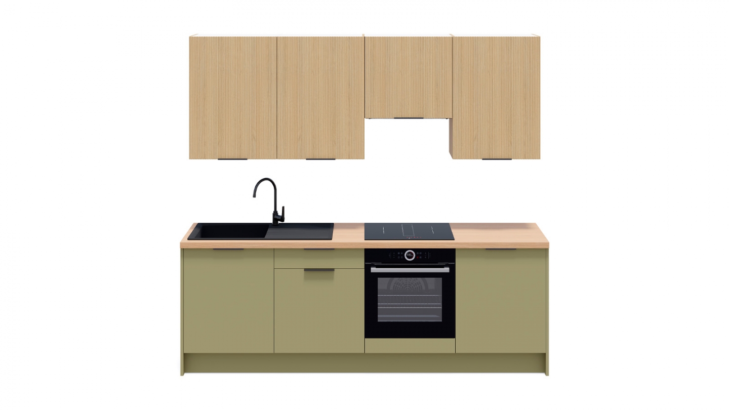 Ensemble de 8 meubles de cuisine - L. 245 cm - vert olive et chêne clair cannelé - Luzia Signature