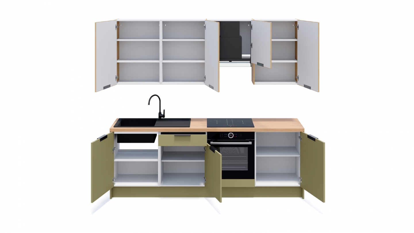Ensemble de 8 meubles de cuisine - L. 245 cm - vert olive et chêne clair cannelé - Luzia Signature