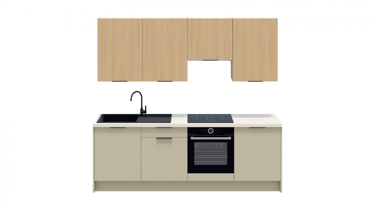 Ensemble de 8 meubles de cuisine - L. 245 cm - vert sauge et chêne clair cannelé - Luzia Signature