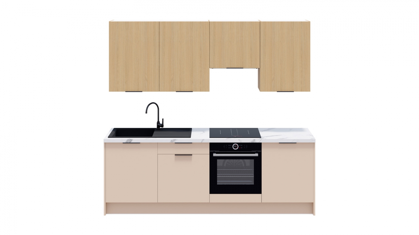 Ensemble de 8 meubles de cuisine - L. 245 cm - beige cachemire et chêne clair cannelé - Luzia Signature