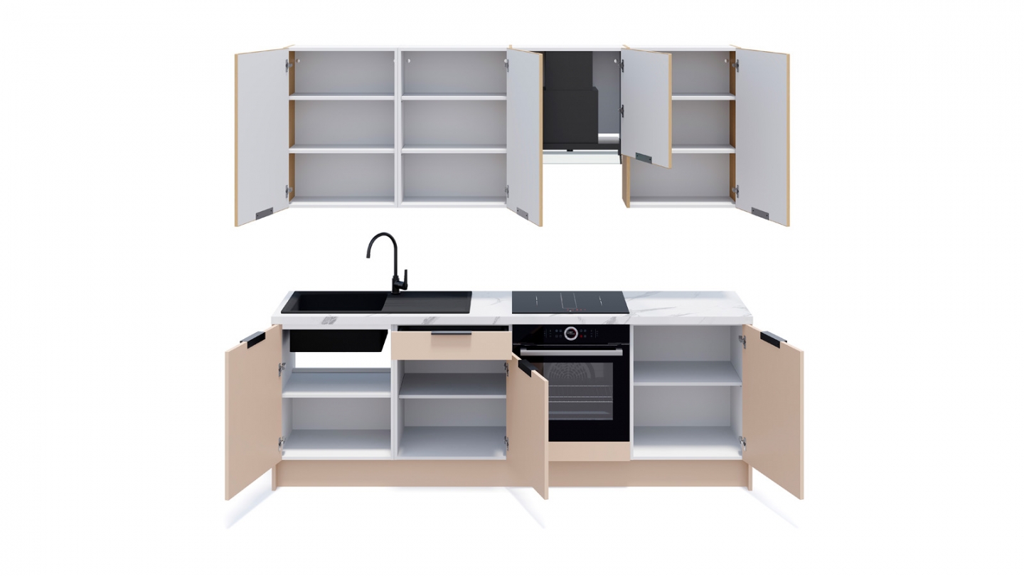 Ensemble de 8 meubles de cuisine - L. 245 cm - beige cachemire et chêne clair cannelé - Luzia Signature