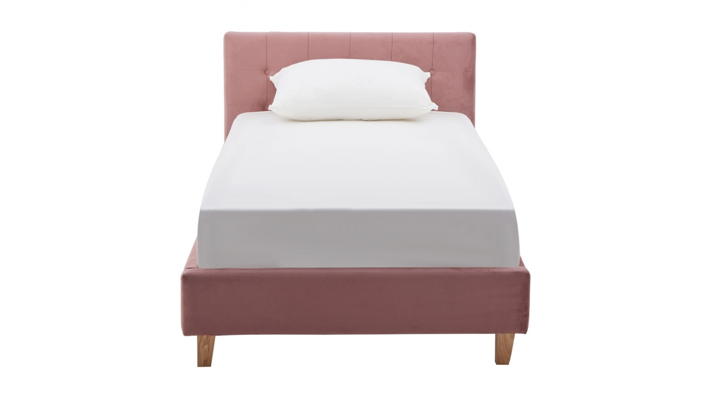 Ensemble Lit adulte 90x190cm avec tête de lit en velours vieux rose - Milo + Matelas mémoire de forme - Memo HR