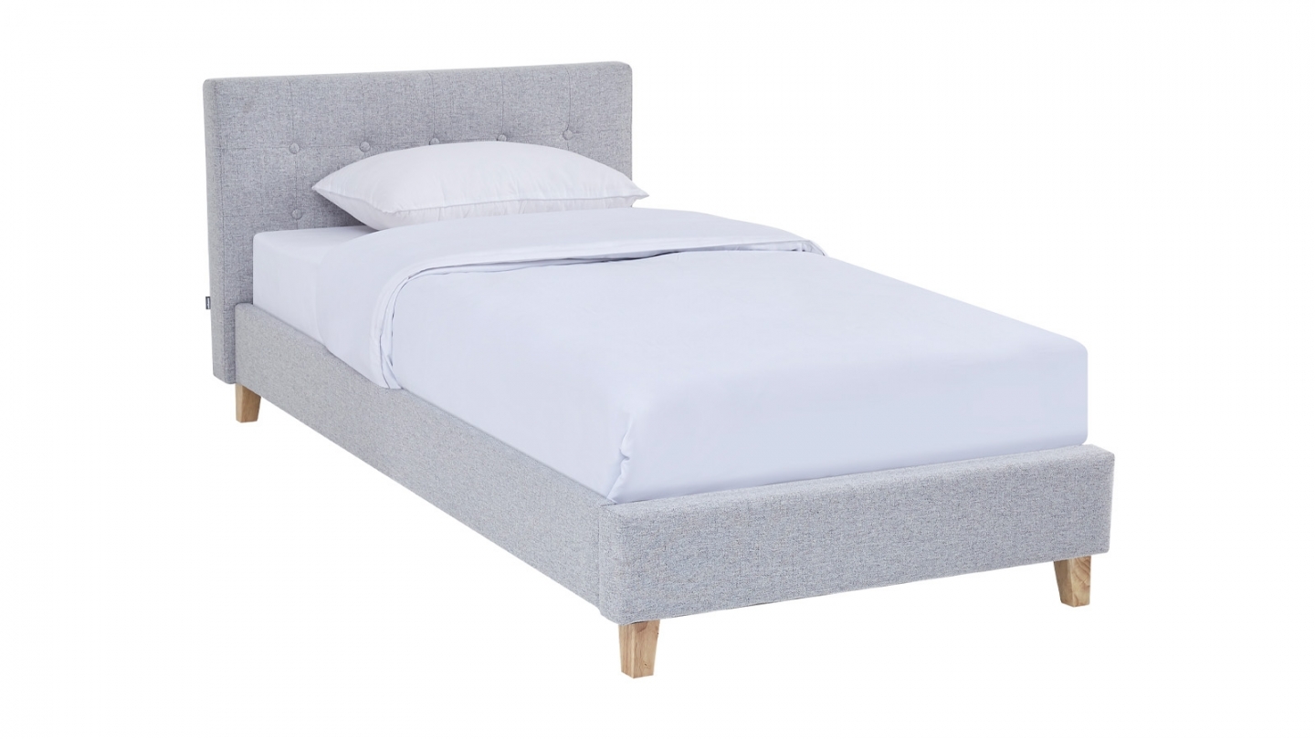 Ensemble Lit adulte 90x190cm avec tête de lit en tissu gris chiné - Milo + Matelas mémoire de forme - Memo HR