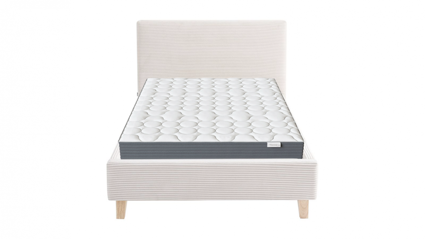 Ensemble Lit adulte 90x190cm avec tête de lit en velours côtelé beige - Milo + Matelas mémoire de forme - Memo HR