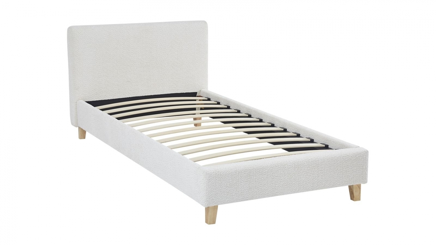 Ensemble Lit adulte 90x190cm avec tête de lit en tissu bouclé beige - Milo + Matelas mémoire de forme - Memo HR