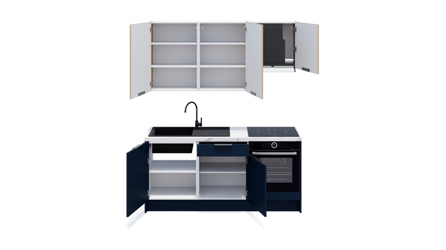 Ensemble de 6 meubles de cuisine - L. 185 cm - bleu marine et chêne clair cannelé - Luzia Signature