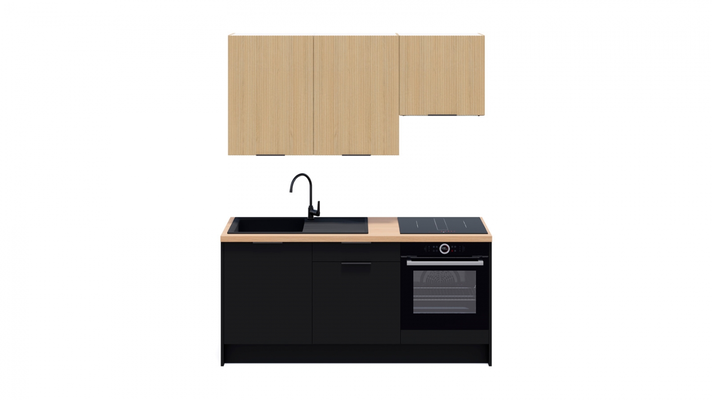 Ensemble de 6 meubles de cuisine - L. 185 cm - noir et chêne clair cannelé - Luzia Signature