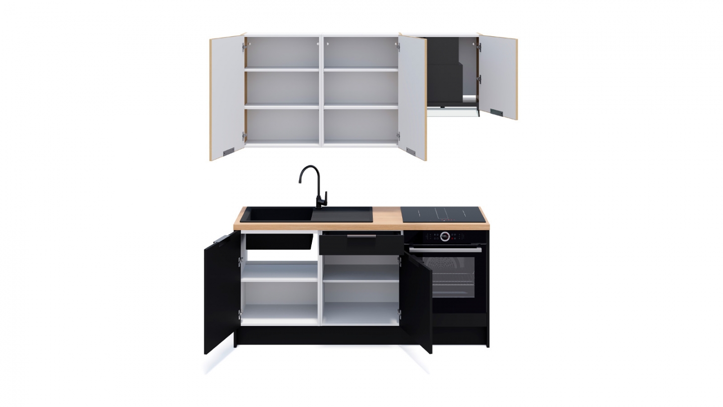 Ensemble de 6 meubles de cuisine - L. 185 cm - noir et chêne clair cannelé - Luzia Signature