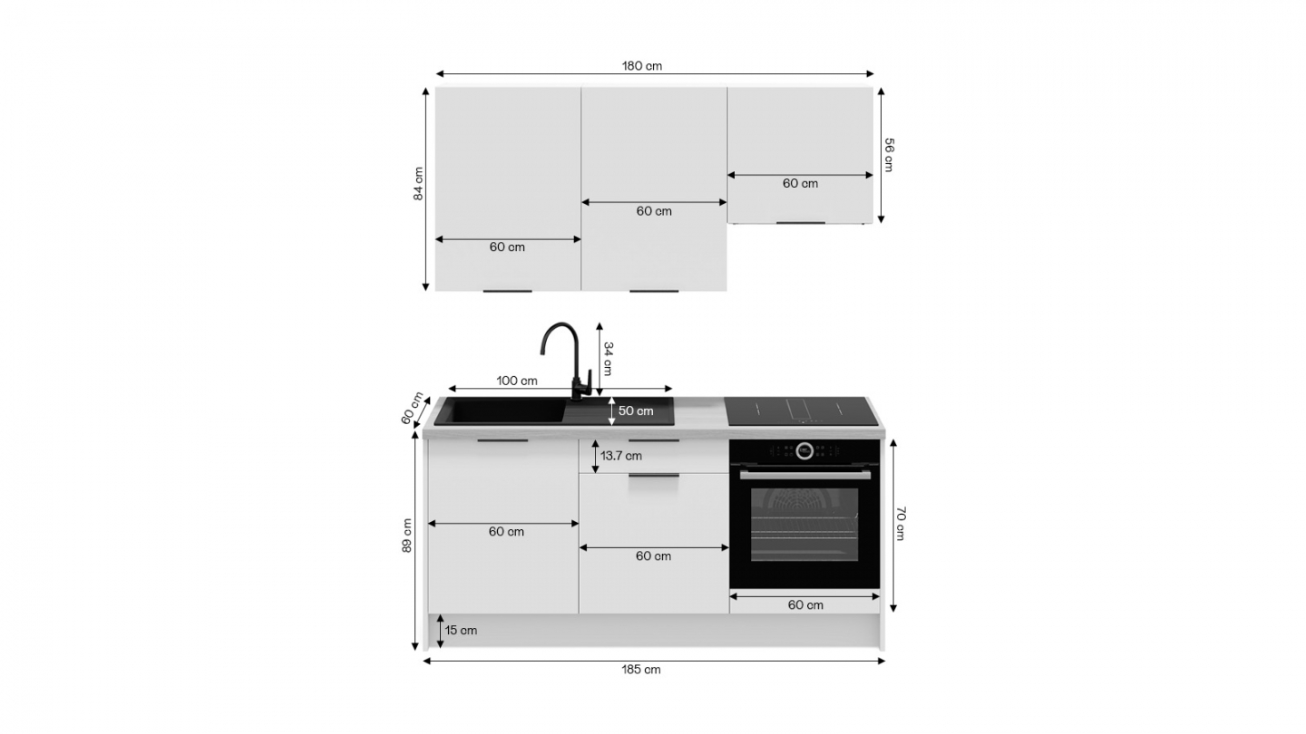 Ensemble de 6 meubles de cuisine - L. 185 cm - noir et chêne clair cannelé - Luzia Signature