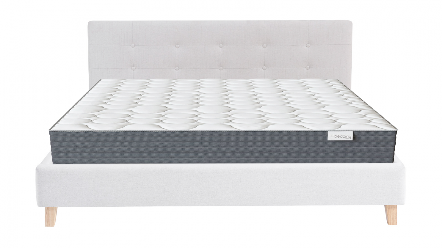 Ensemble Lit adulte 140x190cm avec tête de lit en tissu beige - Milo + Matelas mémoire de forme - Memo HR