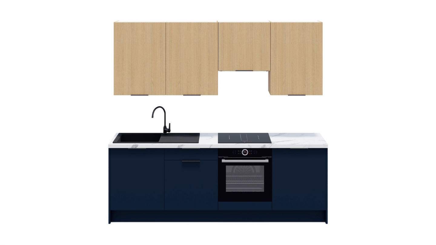 Ensemble de 8 meubles de cuisine - L. 245 cm - bleu marine et chêne clair cannelé - Luzia Signature