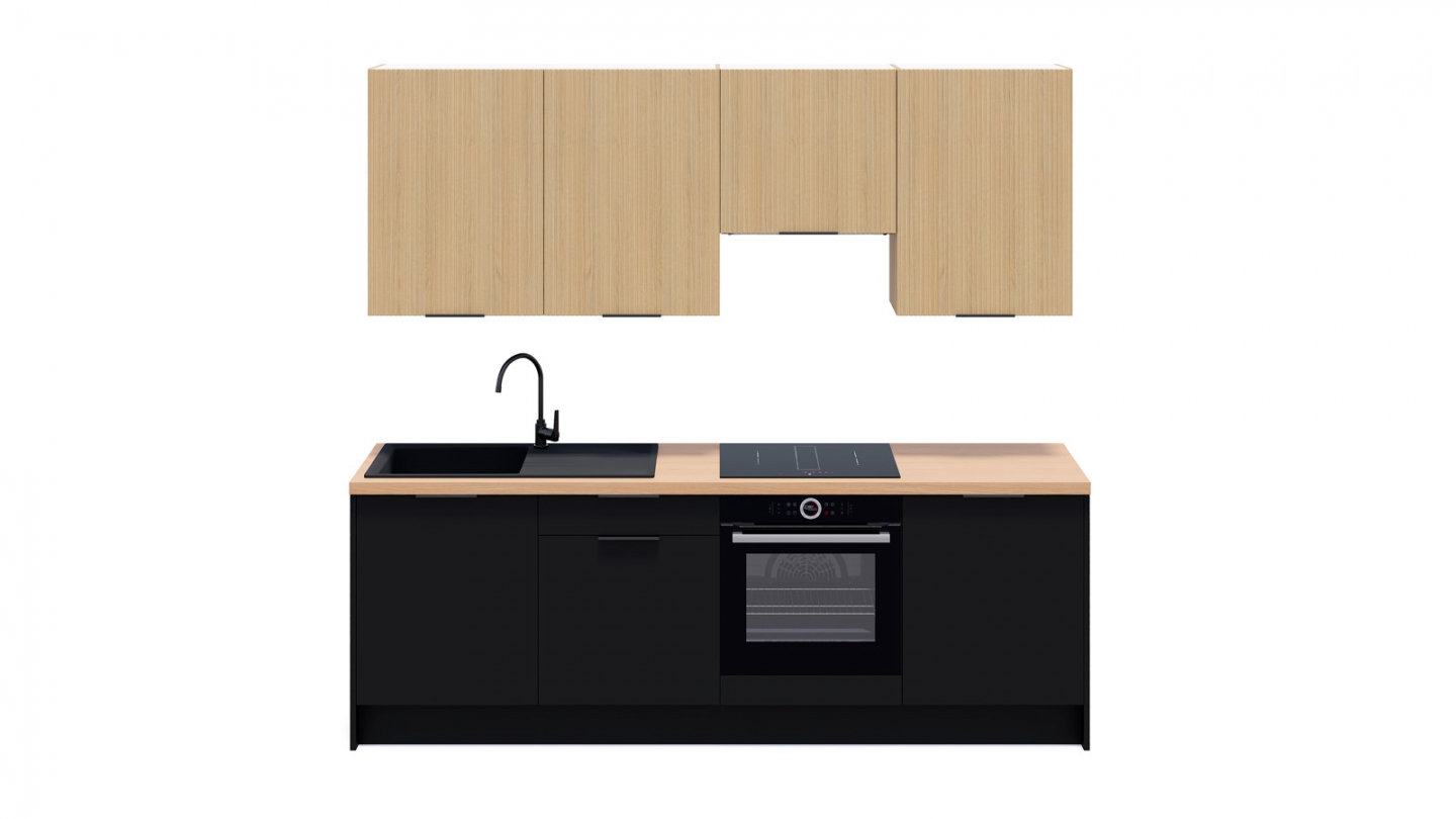 Ensemble de 8 meubles de cuisine - L. 245 cm - noir et chêne clair cannelé - Luzia Signature