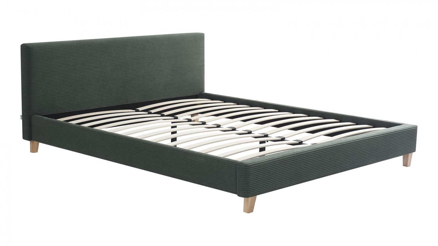 Ensemble Lit adulte 140x190cm avec tête de lit en velours côtelé vert kaki - Milo + Matelas mémoire de forme - Memo HR
