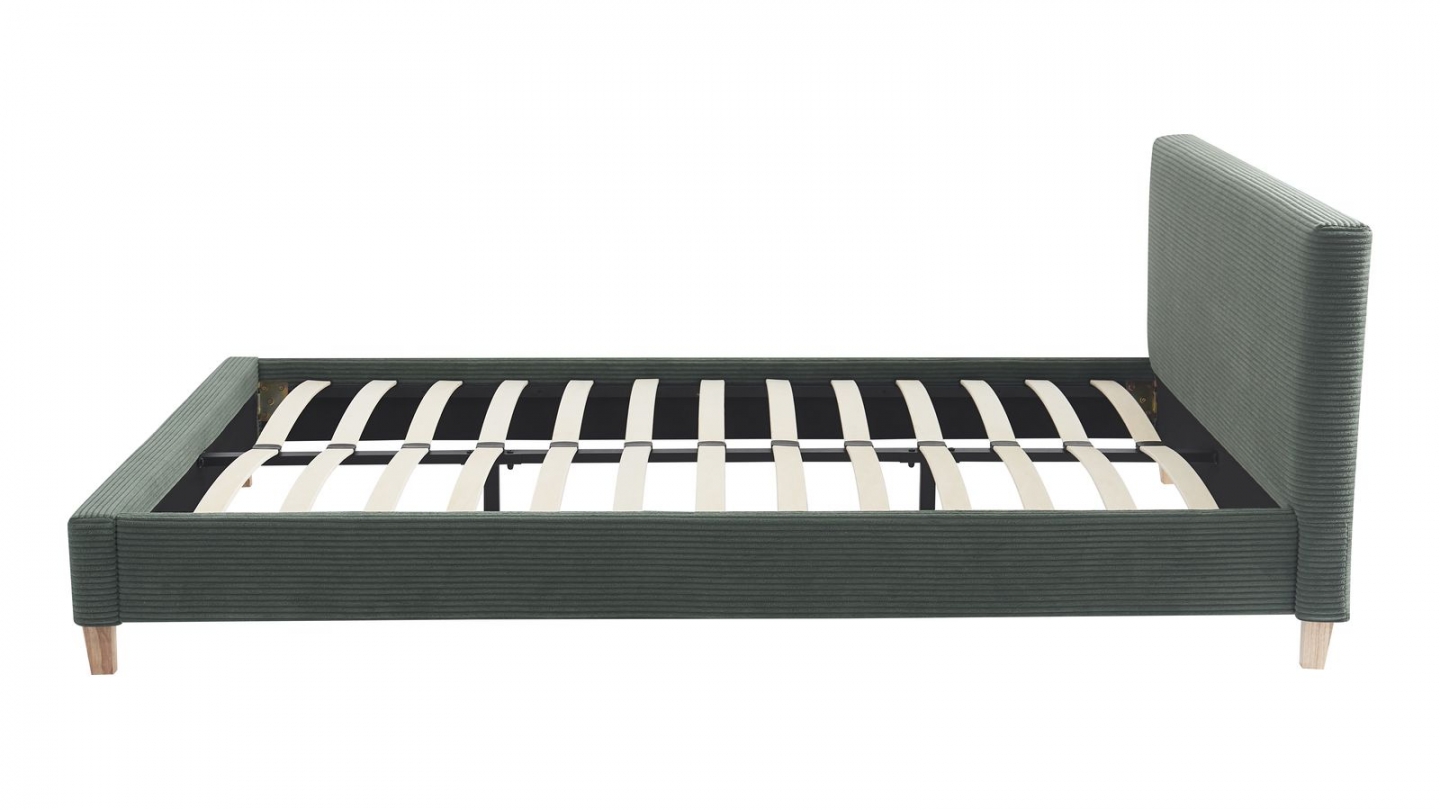 Ensemble Lit adulte 140x190cm avec tête de lit en velours côtelé vert kaki - Milo + Matelas mémoire de forme - Memo HR