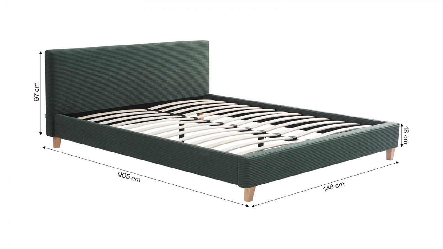 Ensemble Lit adulte 140x190cm avec tête de lit en velours côtelé vert kaki - Milo + Matelas mémoire de forme - Memo HR