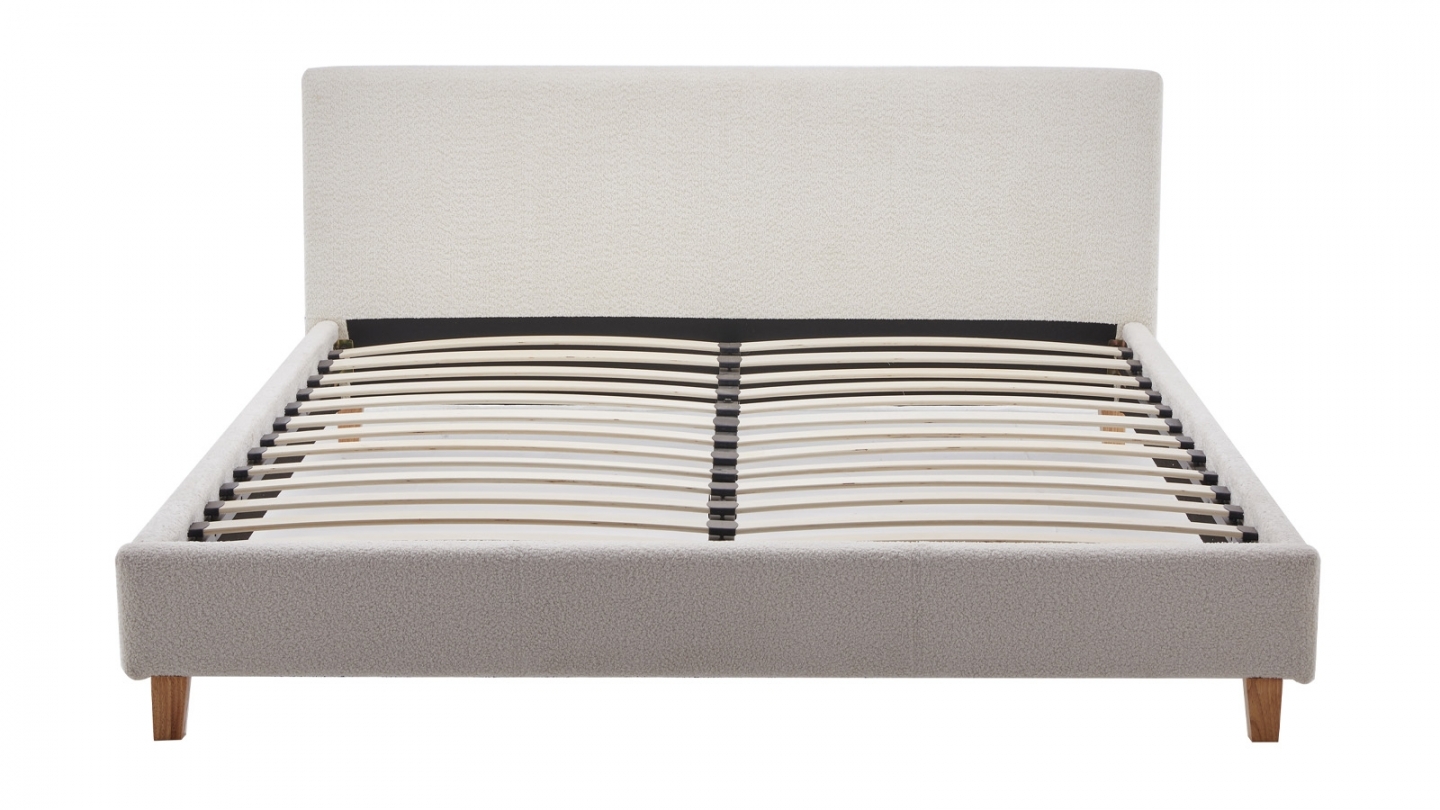 Ensemble Lit adulte 140x190cm avec tête de lit en tissu bouclé beige - Milo + Matelas mémoire de forme - Memo HR