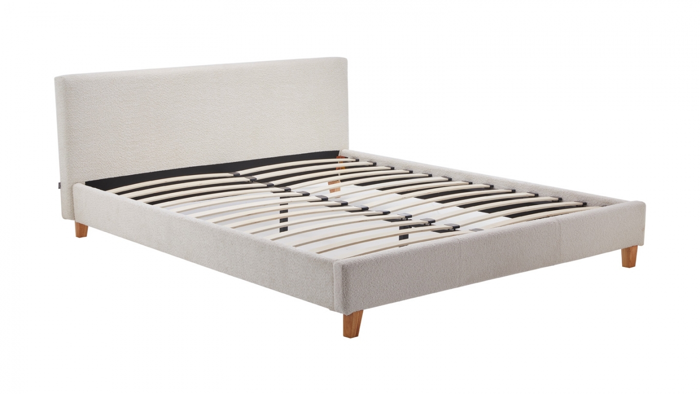 Ensemble Lit adulte 140x190cm avec tête de lit en tissu bouclé beige - Milo + Matelas mémoire de forme - Memo HR