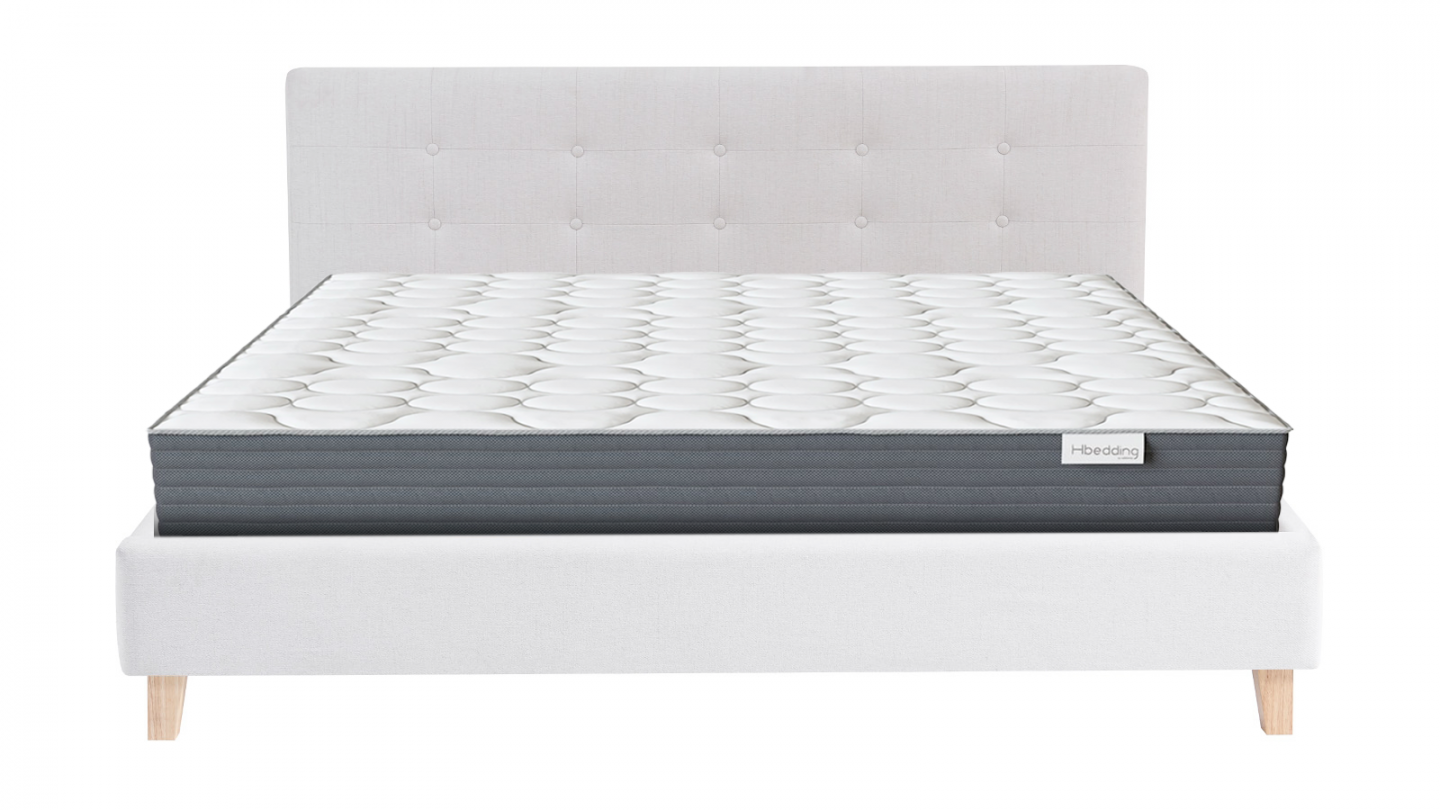 Ensemble Lit adulte 160x200cm avec tête de lit en tissu beige - Milo + Matelas mémoire de forme - Memo HR