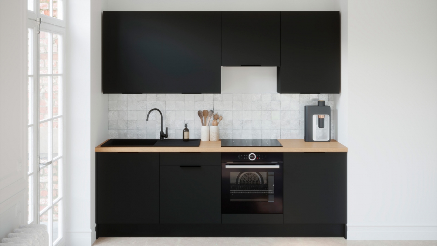 Ensemble de 8 meubles de cuisine - L. 245 cm - noir - Luzia