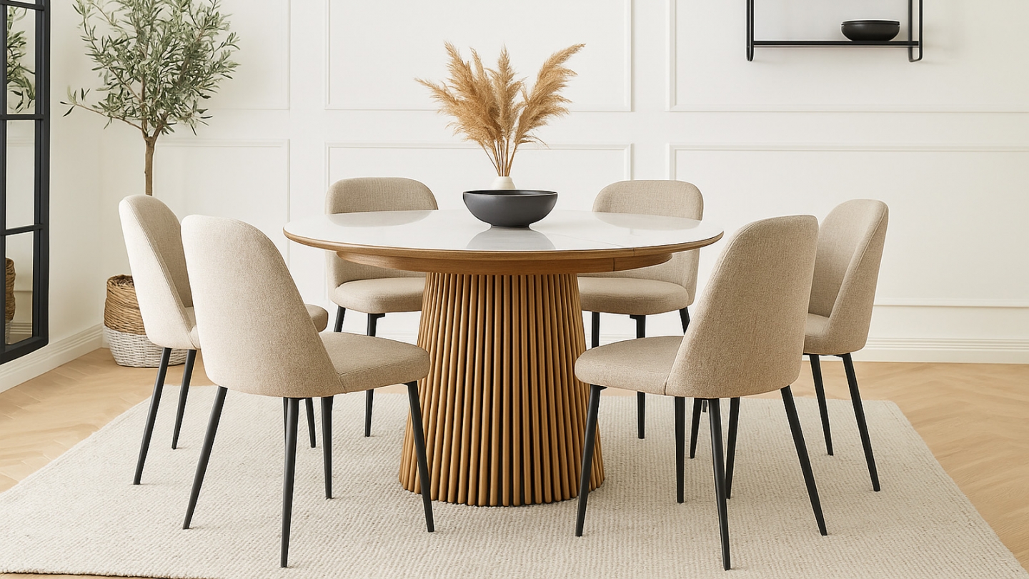 Table à manger ronde extensible plateau en céramique effet marbre et piètement bois clair 4 à 8 pers. 120/200 cm - Ada