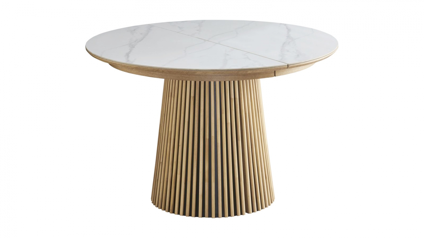 Table à manger ronde extensible plateau en céramique effet marbre et piètement bois clair 4 à 8 pers. 120/200 cm - Ada