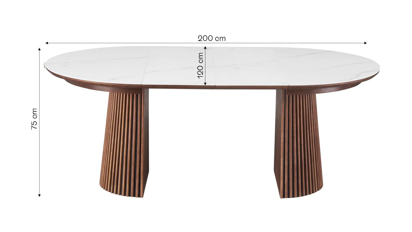 Table à manger ronde extensible plateau en céramique effet marbre et piètement en effet noyer 4 à 8 pers. 120/200 cm - Ada Table à manger ronde extensible plateau en céramique effet marbre et piètement en effet noyer 4 à 8 pers. 120/200 cm - Ada